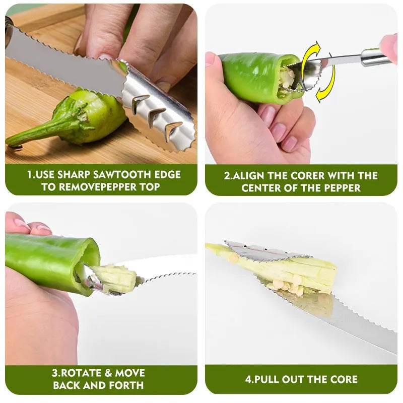 Stainless Steel Pepper Corer & Vegetable Slicer β Multifunction Jalapeno Core Remover, Fruit & Seed Extractor Tool