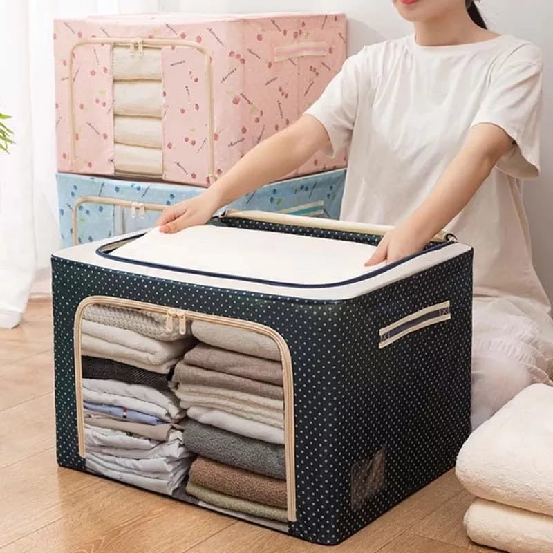 Foldable Metal Frame Clothes Storage Organizer Bag – Large Capacity Fabric Wardrobe Box with Zipper & Clear Window