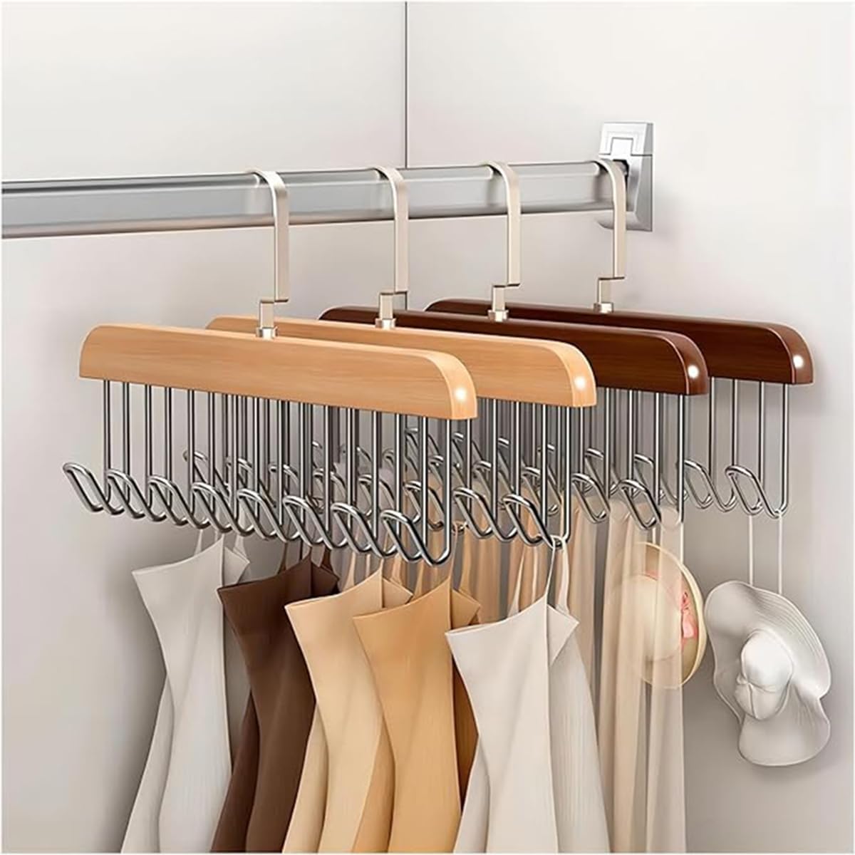 8 Hooks Wooden Clothes Hanger With Tie Rack Belt Hangers with 360°Rotating
