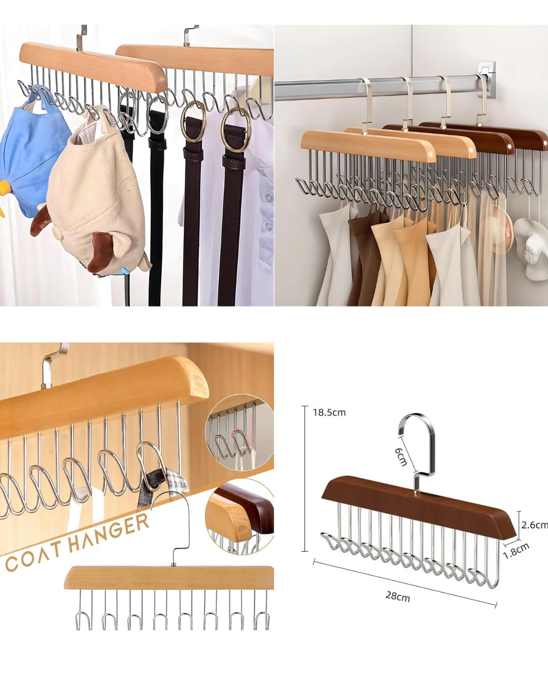 8 Hooks Wooden Clothes Hanger With Tie Rack Belt Hangers with 360°Rotating