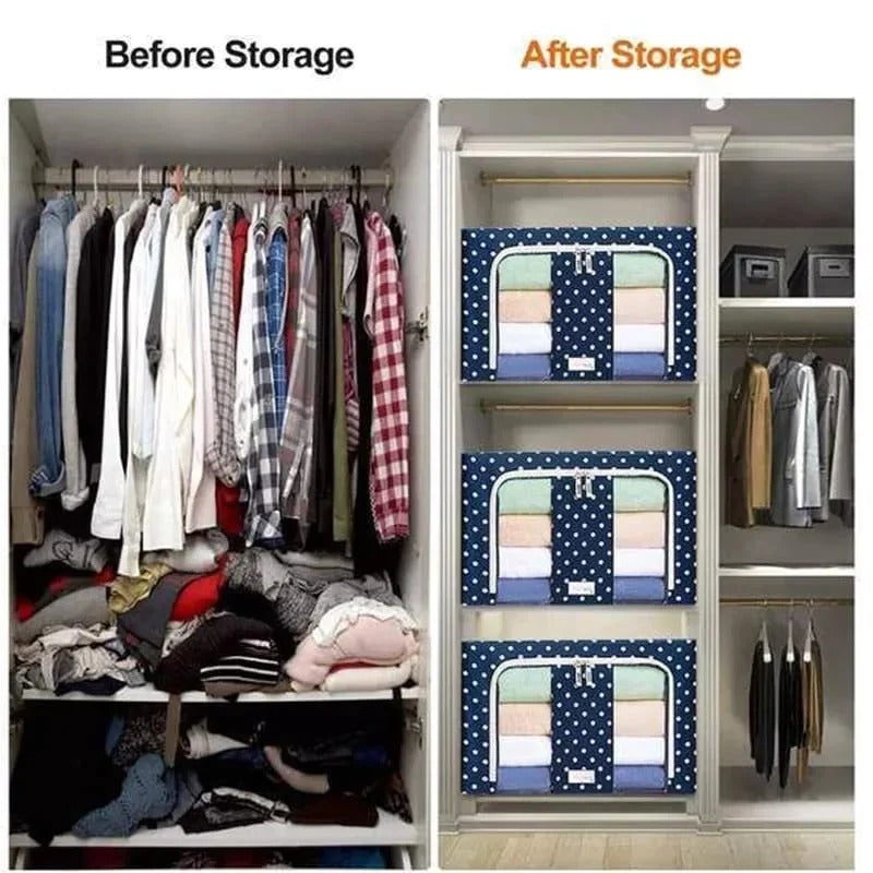 Foldable Metal Frame Clothes Storage Organizer Bag – Large Capacity Fabric Wardrobe Box with Zipper & Clear Window